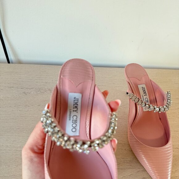 Jimmy Choo Bing 65 Mules Pink Lizard Crystal Embellished Pointed Toe Sz 37 - Picture 7 of 13